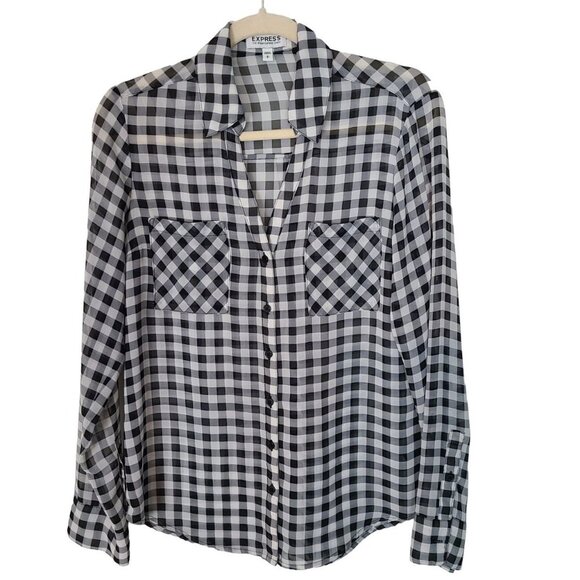 Express Womens S Black White Gingham Checkered Sheer The Portofino Shirt Pockets - Picture 2 of 9
